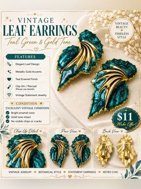 Women’s VTG 80s Teal/Green Metallic & Gold Leaf Swirl Hoop Wing Leaf Earrings